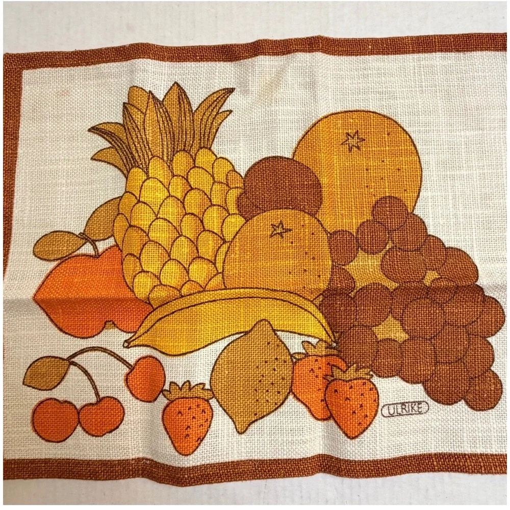 Vintage Ulrike Linen Tea Towel Fruit Harvest Graphic Orange Brown 70s Retro